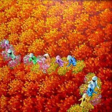 Red flower field Vietnamese Asian Oil Paintings